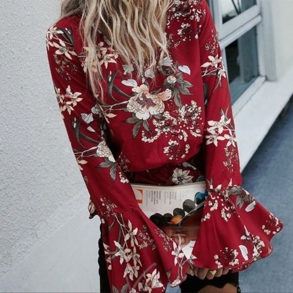 RED Floral Bell Sleeve V Neck - Picture 11 of 11